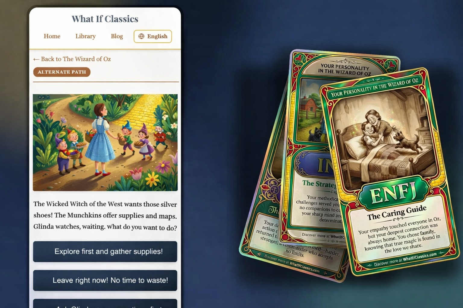 Wizard of Oz story gameplay screen with three ending cards in a fan